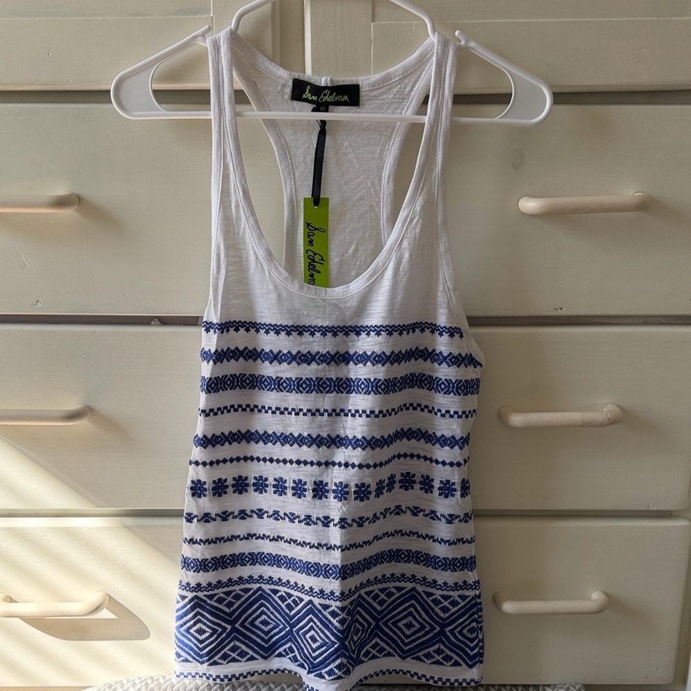 Sam Edelman White Tank with Blue Geometric Stripes